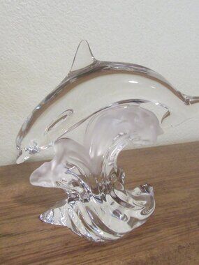 Lenox 1995 Crystal Dolphin Figurine Clear Frosted Glass Sculpture on Wave